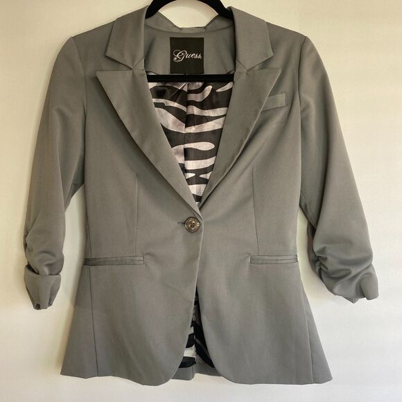Guess Single Button Ruched Sleeve Stretch Blazer Zebra Print Satin Lined Size S - Picture 2 of 10